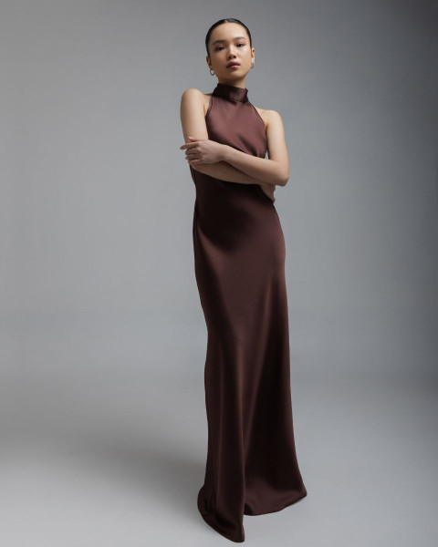 black and brown satin dress Lamarque Ashley Asymmetric Satin Dress in Brown